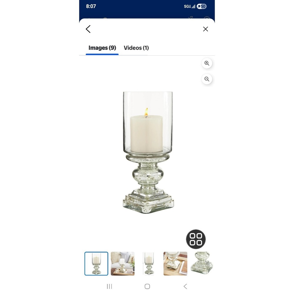 DecMode Silver Glass Handmade Turned Style Pillar Hurricane Lamp with Faux Mercu
